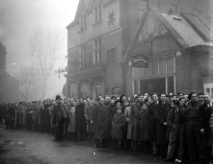 21st May 1945:  Part of the queue outside Tottenham's ground for the football match between Arsenal and Dynamo Moscow.  (Photo by William Vanderson/Fox Photos/Getty Images)